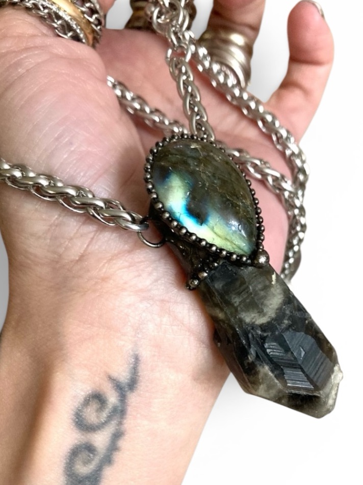Natural Iridescent Labradorite Gemstone & Smoky Black Crystal Quartz Necklace